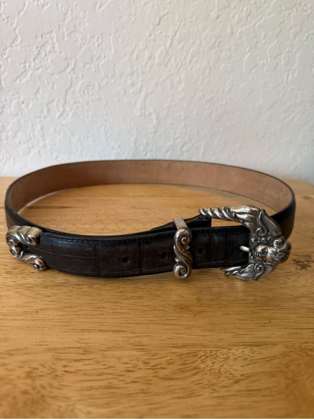 Brighton Black Leather Belt with Angel Cherub Silver-Tone Ornate Buckle